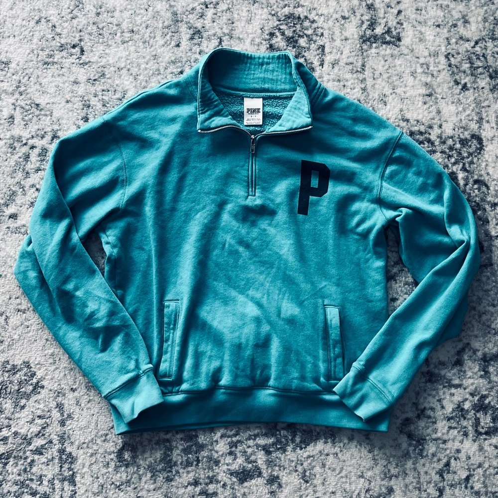 Pink Victoria’s Secret teal quarter zip logo sweatshirt with kangaroo po…